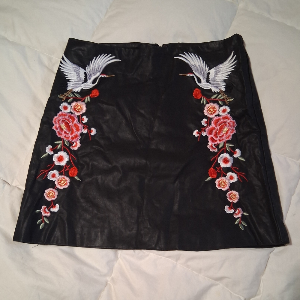 Forever 21 Black Mini Skirt with Floral and Bird Embroidery